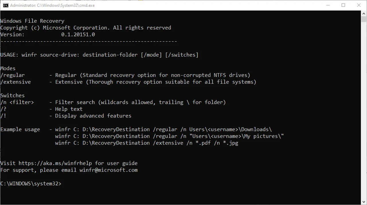 screenshot di Windows file recovery